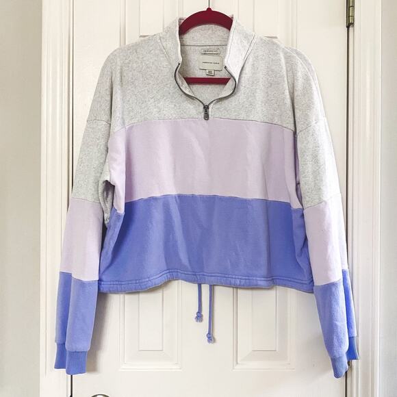 AMERICAN EAGLE • Gray + Purple Color Block Ahh-Mazingly Soft Pullover Sweatshirt - Picture 1 of 7